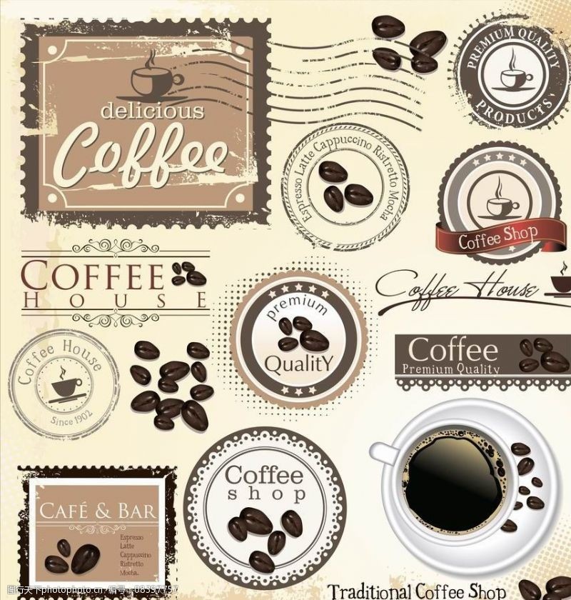 时尚邮票贴纸咖啡背景咖啡标签图片
