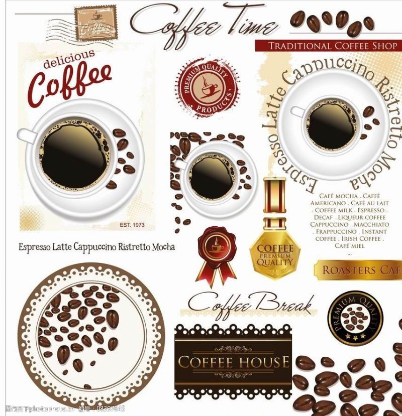 时尚邮票贴纸咖啡标签咖啡背景图片