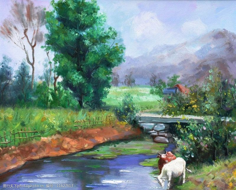 油画作品45乡村小溪图片