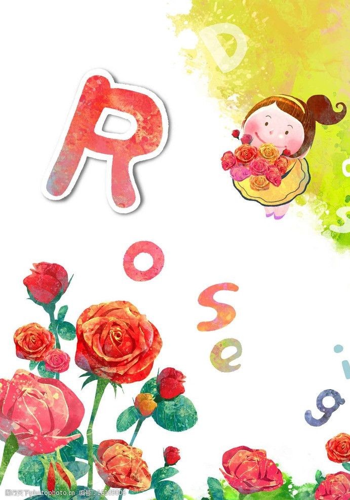 花朵油画小孩和玫瑰图片