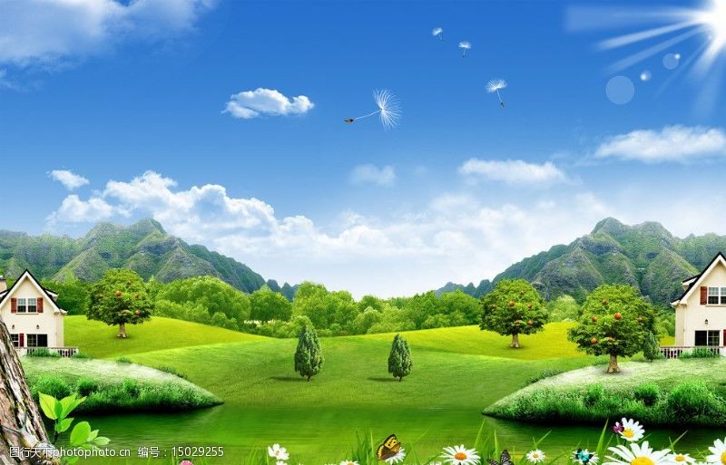 蓝天白云草地树木绿色家园图片