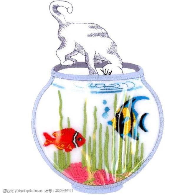 绣花动物猫鱼植物免费素材