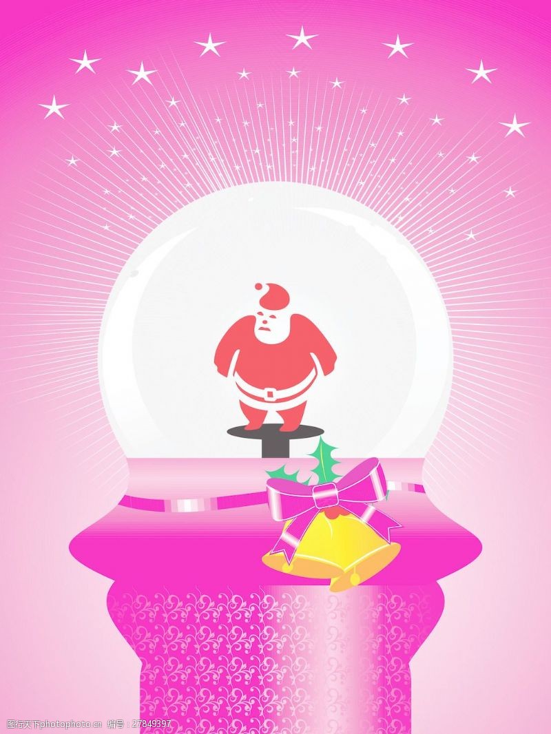 粉红色背景与闪亮的星星和圣诞老人克劳斯在玻璃球