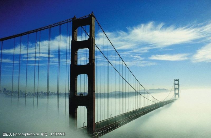 吊桥云雾中的大桥图片